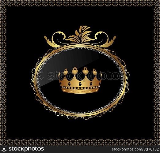Illustration luxury gold ornament with crown on black background - vector