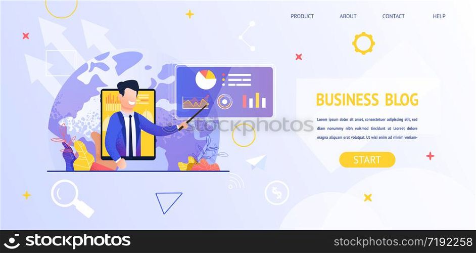 Illustration Man Tell About News Stock Exchange. Banner Viewing Video Business Blog Online Tablet Screen. Chart Indicator Financial Situation Exchange. Study Business Growth Strategy Financial Market