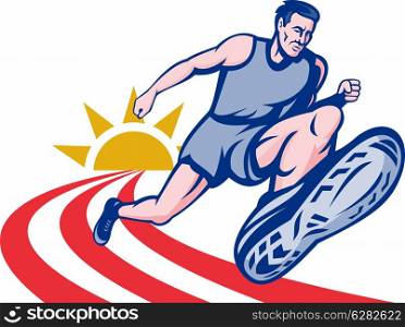 illustration Marathon runner on track with sunburst viewed from an extremely low angle.. Marathon runner on track