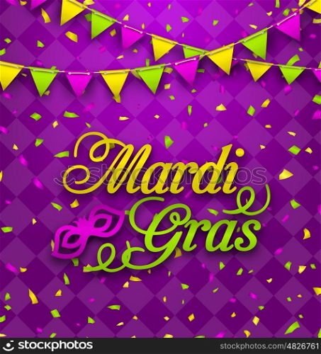 Illustration Mardi Gras Lettering Background, Invitation for Fat Tuesday, Poster in Traditional Colors - Vector