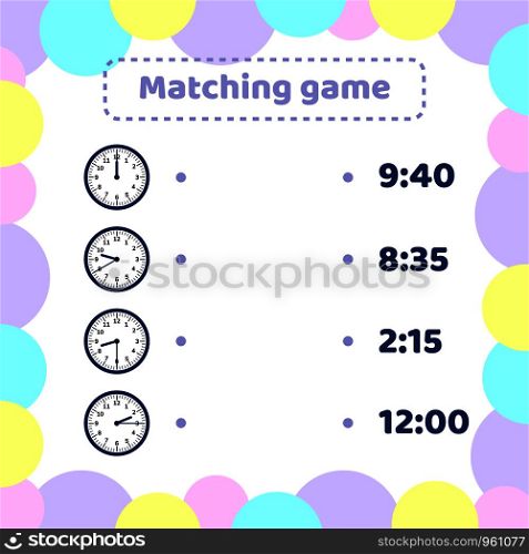illustration. matching game for kids preschool and school age. What time is it round watch.. matching game for kids preschool and school age. What time is it round watch.
