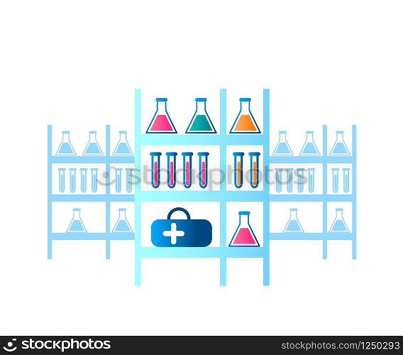 Illustration Medical Laboratory Researching Virus. Vector Image Rack on Which Medical Equipment is Located. Shelf with Ampoule, Flask, Set Medical Drug. Biological Research Virus. on White Background