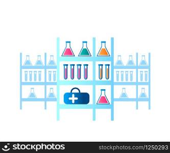 Illustration Medical Laboratory Researching Virus. Vector Image Rack on Which Medical Equipment is Located. Shelf with Ampoule, Flask, Set Medical Drug. Biological Research Virus. on White Background