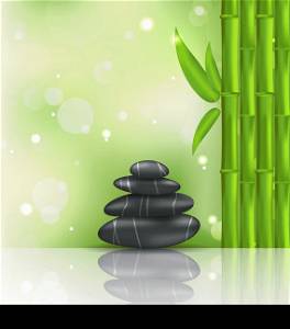 Illustration meditative oriental background with bamboo and heap stones, spa therapy - vector