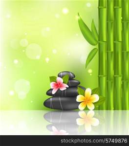 Illustration meditative oriental background with frangipani, bamboo and heap stones, spa therapy - vector
