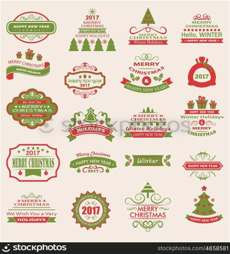 Illustration Merry Christmas and Happy Holidays Wishes. Collection Typographic Elements, Vintage Labels, Frames, Ornaments - Vector