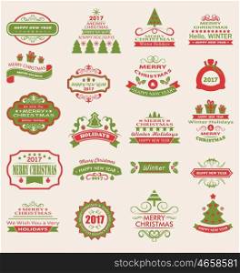 Illustration Merry Christmas and Happy Holidays Wishes. Collection Typographic Elements, Vintage Labels, Frames, Ornaments - Vector