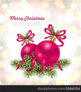 Illustration Merry Christmas Celebration Card with Glass Balls and Fir Branches - Vector