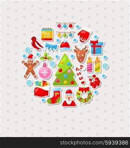 Illustration Merry Christmas Celebration Card with Traditional Elements - Vector
