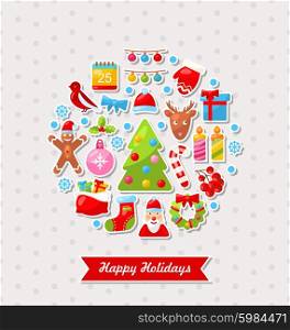 Illustration Merry Christmas Celebration Card with Traditional Elements - Vector