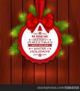 Illustration Merry Christmas Elegant Card with Bow Ribbon and Pine Twigs on Wooden Background - Vector