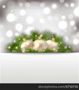 Illustration Merry Christmas postcard with fir branches and golden balls - vector&#xA;