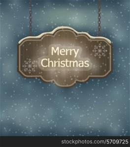 Illustration Merry Christmas wooden board, night holiday background - vector