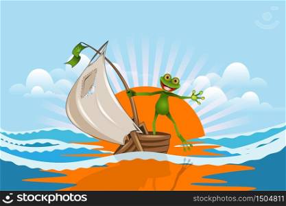 Illustration Merry Frog on a Boat in the Sea on a Cloudy Sky Background