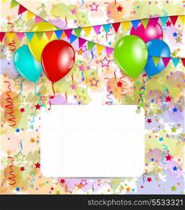 Illustration modern birthday greeting card with balloons and confetti - vector