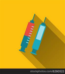 Illustration modern flat icons of syringes with long shadows - vector