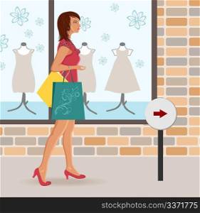 Illustration modern girl loaded with shopping bags - vector
