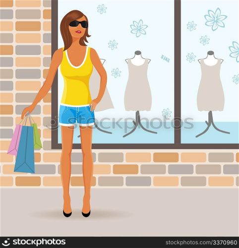 Illustration modern girl with shopping bags - vector