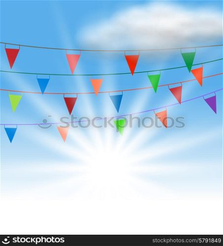 Illustration Multicolored Buntings Flags Garlands in Blue Sky - Vector
