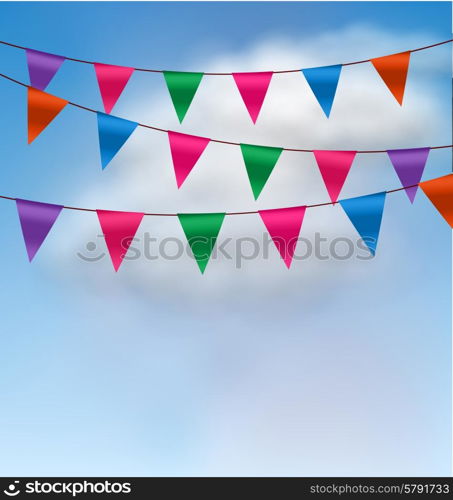 Illustration Multicolored Buntings Flags Garlands in Blue Sky - Vector. Multicolored Buntings Flags Garlands