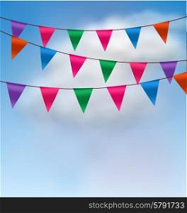 Illustration Multicolored Buntings Flags Garlands in Blue Sky - Vector. Multicolored Buntings Flags Garlands