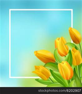 Illustration Natural Frame with Yellow Tulips Flowers, Copy Space for Your Text. Beautiful Nature Card - Vector
