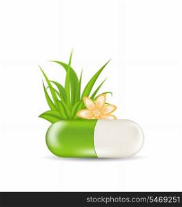 Illustration natural medical pill with flower, leaves, grass, isolated on white background - vector