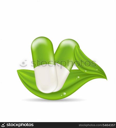 Illustration natural medical pills with green leaves, isolated on white background - vector