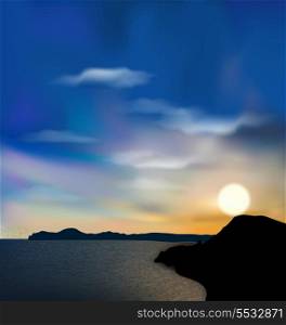 Illustration nature background, sea, mountain, sun, sky during sunrise - vector