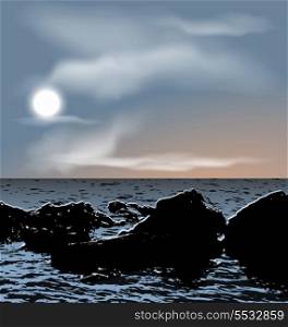 Illustration nature background, sea stones during dusk - vector