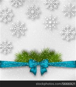 Illustration New Year background with bow ribbon and fir branches - vector