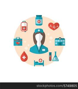 Illustration nurse with medical icons for web design, modern flat style - vector