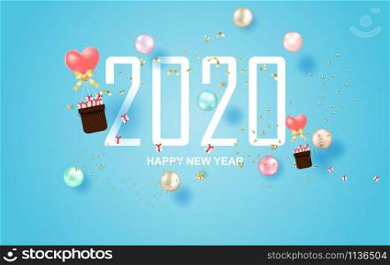 illustration of 2020 happy new year label design.Holiday on pastel symbol with golden.Graphic Merry Christmas balls golden and colorful confetti on blue background.Paper cut and craft style.vector