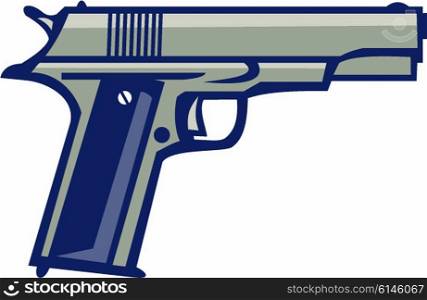 Illustration of a 1911 single-action, semi-automatic, magazine-fed, recoil-operated sidearm pistol chambered for the .45 caliber ACP cartridge viewed from side on isolated white background done in retro style.