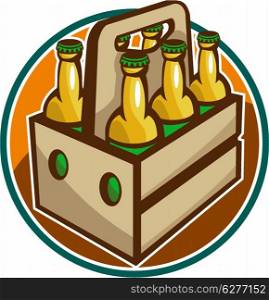 Illustration of a 6 pack case crate of beer set inside circle done in retro style.. Beer Bottle 6 Pack Retro