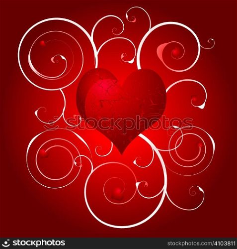 Illustration of a abstract love heart on a red background with floral swirls