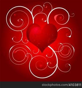 Illustration of a abstract love heart on a red background with floral swirls