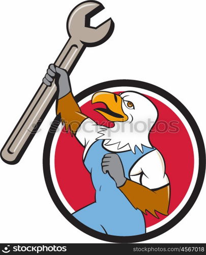 Illustration of a american bald eagle mechanic holding spanner looking to the side set inside circle on isolated background done in cartoon style. . American Bald Eagle Mechanic Spanner Cartoon