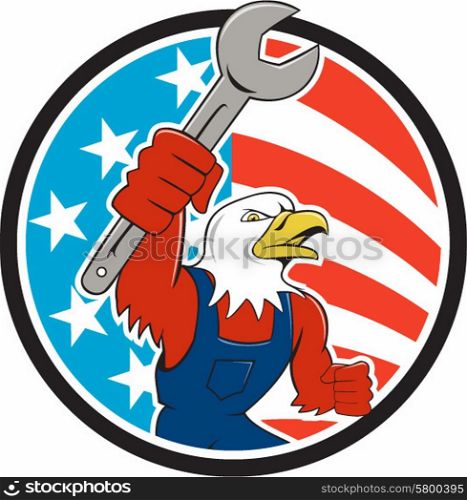 Illustration of a american bald eagle mechanic holding spanner looking to the side et inside circle with usa american stars and stripes flag in the background done in cartoon style. . American Bald Eagle Mechanic Spanner Circle USA Flag Cartoon