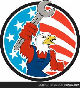 Illustration of a american bald eagle mechanic holding spanner looking to the side et inside circle with usa american stars and stripes flag in the background done in cartoon style. . American Bald Eagle Mechanic Spanner Circle USA Flag Cartoon