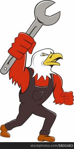 Illustration of a american bald eagle mechanic holding spanner looking to the side set on isolated white background done in cartoon style. . American Bald Eagle Mechanic Spanner Cartoon