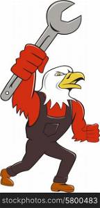 Illustration of a american bald eagle mechanic holding spanner looking to the side set on isolated white background done in cartoon style. . American Bald Eagle Mechanic Spanner Cartoon