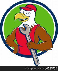 Illustration of a american bald eagle mechanic holding spanner looking to the side with one hand on hips set inside circle done in cartoon style. . American Bald Eagle Mechanic Spanner Circle Cartoon