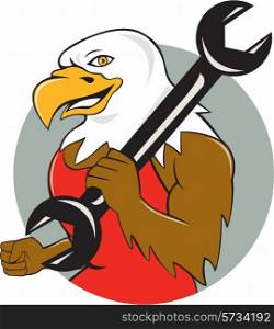 Illustration of a american bald eagle mechanic smiling holding wrench on shoulder viewed from side set inside circle done in cartoon style. . American Bald Eagle Mechanic Wrench Circle Cartoon