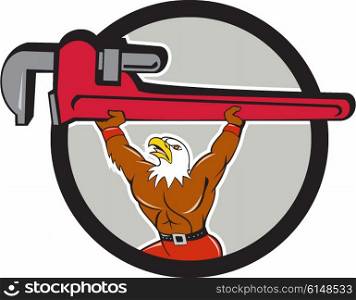 Illustration of a american bald eagle plumber lifting giant monkey adjustable wrench over head looking up to the side set inside circle on isolated background done in cartoon style. . Bald Eagle Plumber Monkey Wrench Circle Cartoon