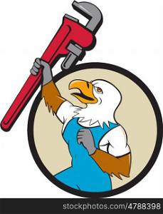 Illustration of a american bald eagle plumber raising up giant pipe wrench adjustable wrench over head looking up viewed from the side set inside circle on isolated background done in cartoon style. . Plumber Eagle Raising Up Pipe Wrench Circle Cartoon