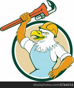 Illustration of a american bald eagle plumber smiling wearing hardhat holding wrench viewed from side set inside circle done in cartoon style. . Bald Eagle Plumber Wrench Circle Cartoon