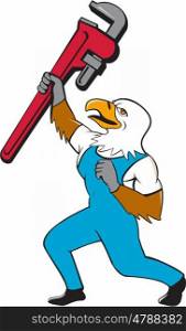 Illustration of a american bald eagle plumber standing with knee bended raising up giant pipe wrench adjustable wrench over head looking up viewed from the side on isolated white background done in cartoon style. . Plumber Eagle Standing Pipe Wrench Cartoon
