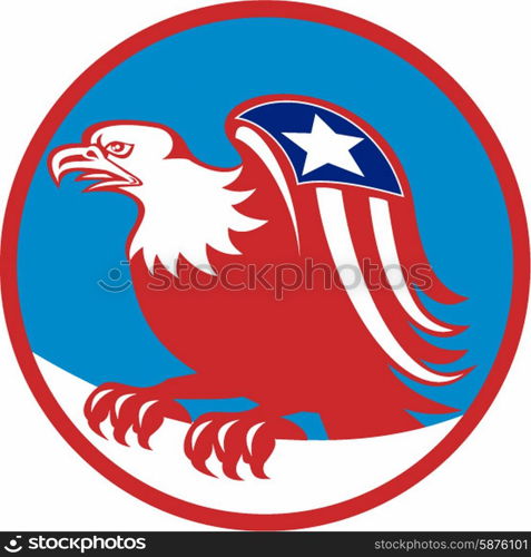 Illustration of a american bald eagle with flag on wing perching viewed from the side set inside circle on isolated background done in retro style.