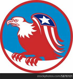 Illustration of a american bald eagle with flag on wing perching viewed from the side set inside circle on isolated background done in retro style.